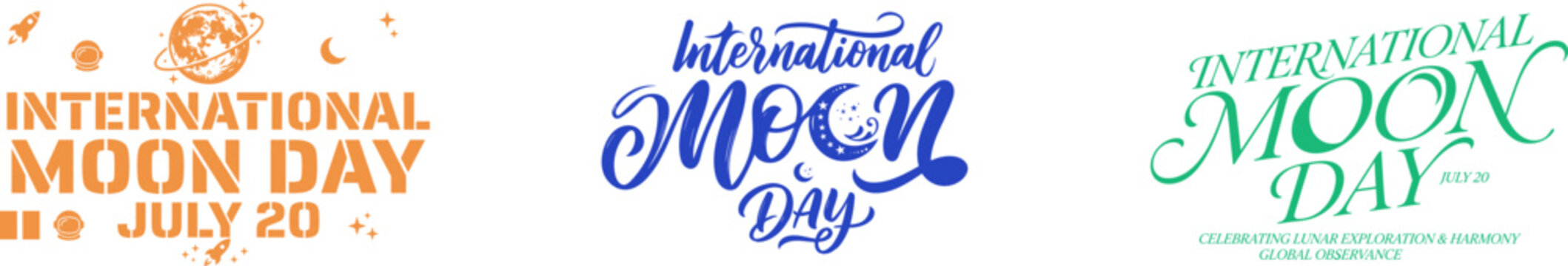 International moon day typography collection with celestial elements for space exploration awareness and july 20th observances