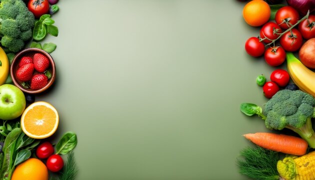 fresh fruits and vegetables border frame on a background with copy space healthy clean eating layout vegetarian food and diet nutrition concept farming and healthy food concept flat lay