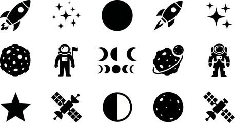Black and white space icons set including rockets planets and astronauts © Surma