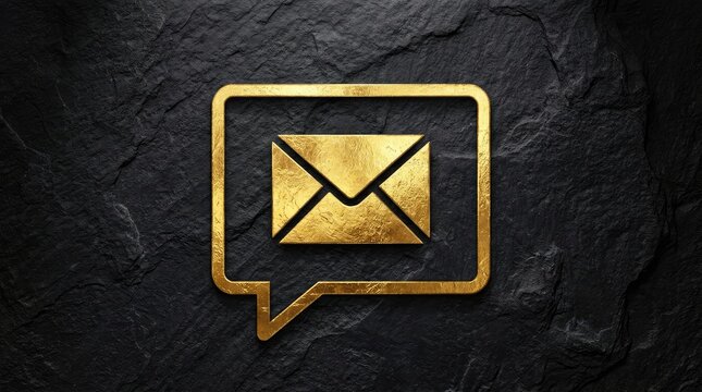 Shining gold metallic email icon centered on a rough dark black stone texture background surface