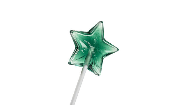A shiny green star shaped hard candy lollipop with a white stick captured in high detail studio lighting isolated for professional design work on transparent background