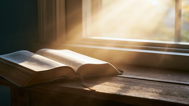 Open Bible on Rustic Wooden Table in Morning Light by Window, Christian Devotional Still Life Banner