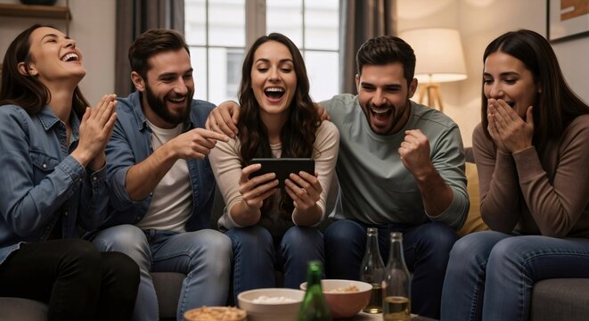 Group of happy young men and women cheering and laughing while watching something on a smartphone at a home party. Friends enjoying social media content, movie or game.
