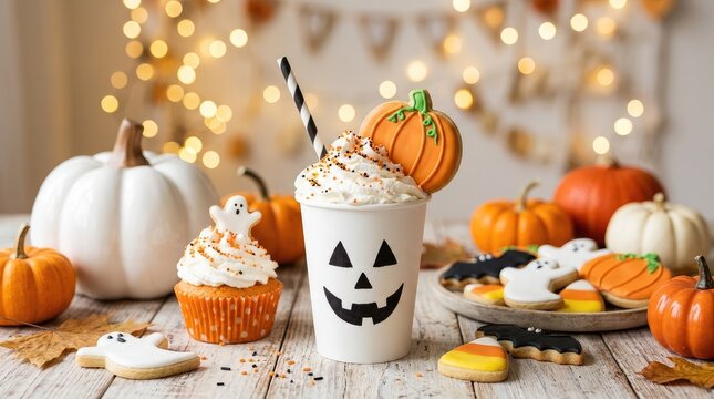 Creamy pumpkin spice latte in a paper cup with festive cookies and soft bokeh lighting
