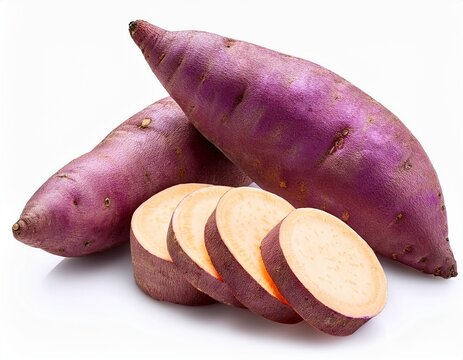 fresh organic purple sweet potatoes with white flesh isolated on white background whole and sliced japanese sweet potatoes or yams healthy vegan root vegetable for cooking and nutritious diet