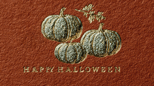 Textured orange cover with HAPPY HALLOWEEN lettering with golden pumpkins with foil embossed effect with gold metallic, raised details. Elegant, stylish typographic aesthetic