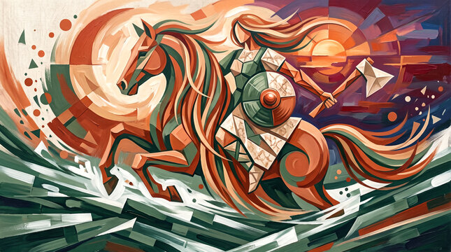 Abstract cubism style illustration of a female viking warrior holding axe and shield riding horse through crashing ocean waves.