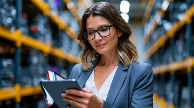 Supply chain operations team lead inspecting a domestic component inventory log on a tablet in a warehouse aisle, reshoring vendor audit certificates in a binder tucked under one arm, stacked shelvi