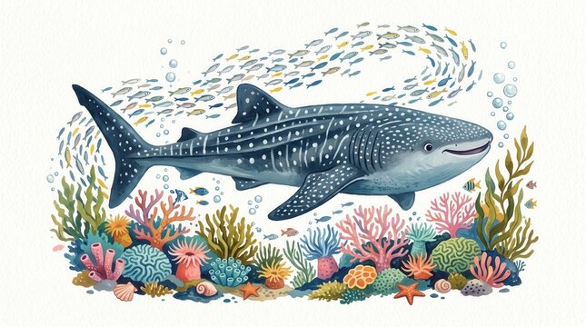 A large whale shark swims peacefully beside a vibrant coral reef filled with many small fish