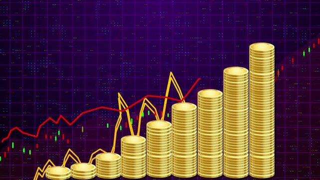 Rising Stacks Of Shiny Golden Coins Forming An Ascending Bar Chart On A Dark Purple Digital Grid Background With Fluctuating Red And Yellow Stock Market Trend Lines And Candlestick Indicators