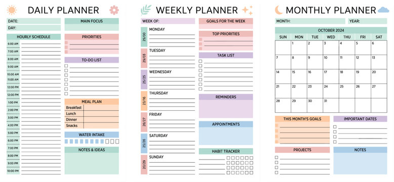 Daily weekly monthly planner template vector bundle, colorful journal pages layout for schedule organizer.
