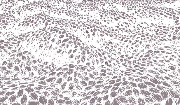 Gray coffee beans scattered on a white textured surface background pattern