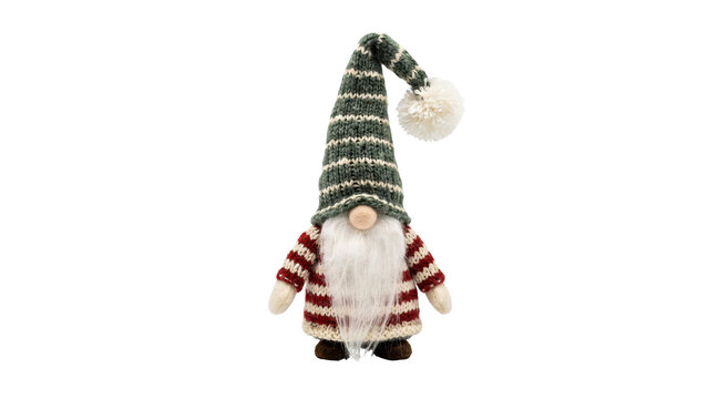 Small decorative christmas gnome doll featuring a striped red and white sweater and a long green knitted hat with a white fluffy pompom on transparent background