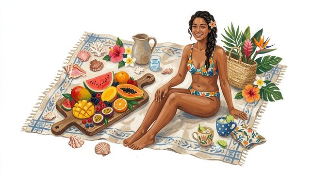 Smiling woman relaxes on a picnic blanket enjoying tropical fruits and cool drinks under the sun