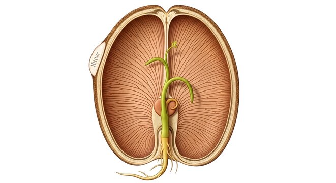 Detailed illustration of a dicotyledonous seed in longitudinal section, showing germination