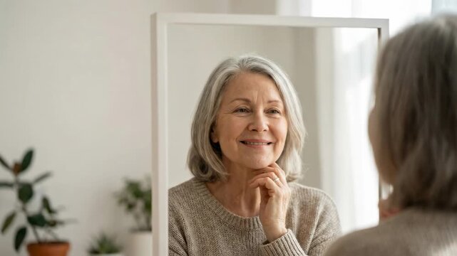 Mature woman with gray hair gazes at mirror reflection in soft daylight, hand resting on chin, wearing simple ring and knit top in serene neutral room with houseplant and warm natural tones
