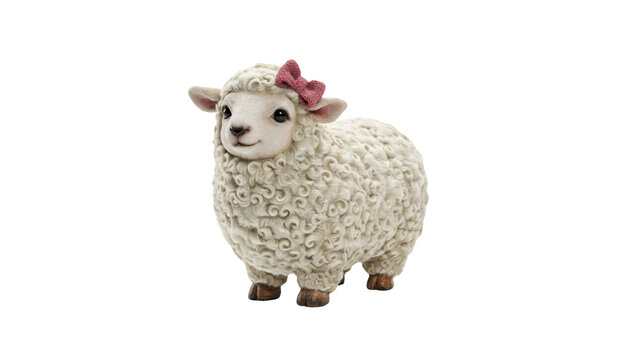 Cute little fluffy lamb figurine with a soft pink bow standing in a front facing position while looking cheerful and happy isolated on transparent background