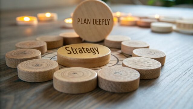 Wooden game pieces arranged in a circular layout with a central focus on strategy and planning in a business context