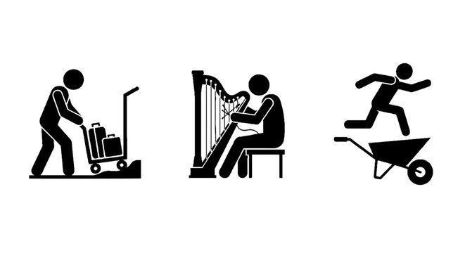 Black and white icons of work and music activities.