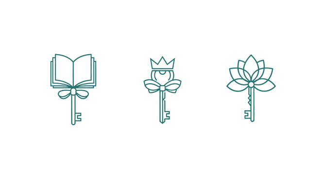 Three decorative keys with unique symbolic tops.