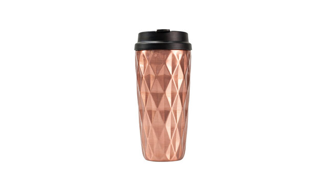 Elegant metallic rose gold travel coffee mug featuring a geometric textured pattern with a secure black plastic lid displayed in a studio setting on transparent background