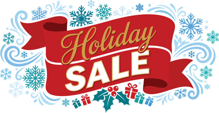 Holiday Sale Festive Winter Red Ribbon Banner with Snowflakes