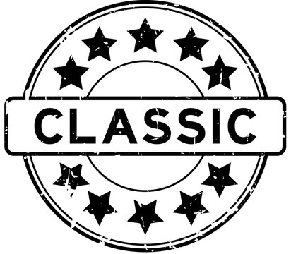Grunge black classic word with star icon round rubber seal stamp on white background