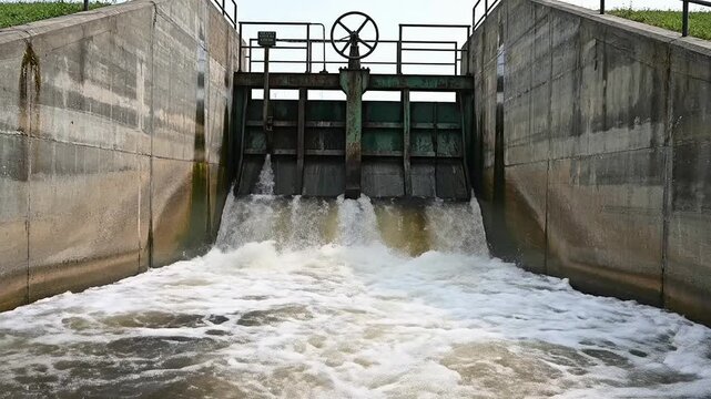 Concrete Irrigation And Drainage Canal With Sluice Gate Flowing Water In Natural Setting