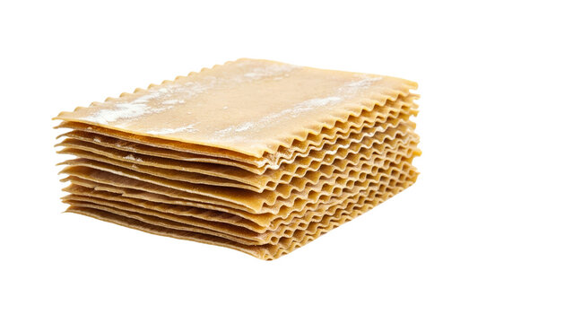 Stack of dry raw whole wheat lasagna pasta sheets with wavy ruffled edges arranged in a neat pile isolated for cooking delicious meals on transparent background