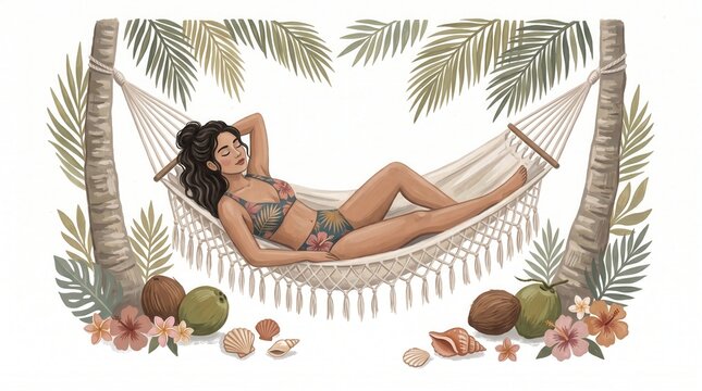 Woman in a floral bikini rests in a hammock between palm trees