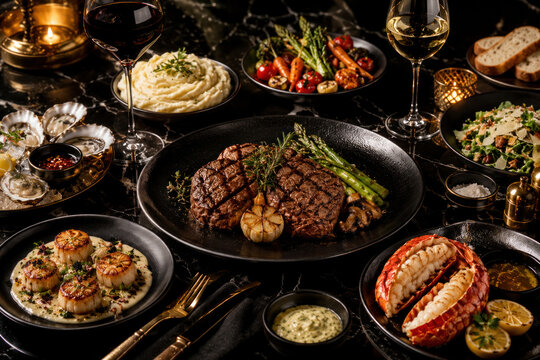 Luxury Fine Dining Table with Grilled Steak, Lobster, Scallops, Oysters and Wine