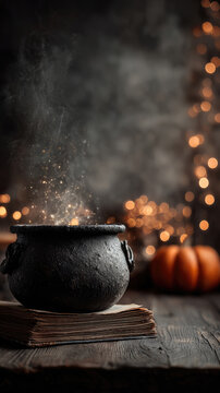 Old witch cauldron filled with boiling potion with steam with burning candles and pumpkins on a blurred background with lights. Golden, orange tones. Mysterious, magical atmosphere of Halloween
