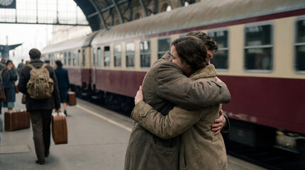 Fototapeta premium Couple embrace beside vintage train on station platform showing reunion farewell emotional travel connection rail journey for romantic transport content commercial marketing visuals
