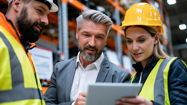 Warehouse operations manager and logistics coordinator reviewing domestic supplier contracts at a steel shelving unit, discussing reshoring timelines, inventory resilience metrics visible on wall ch