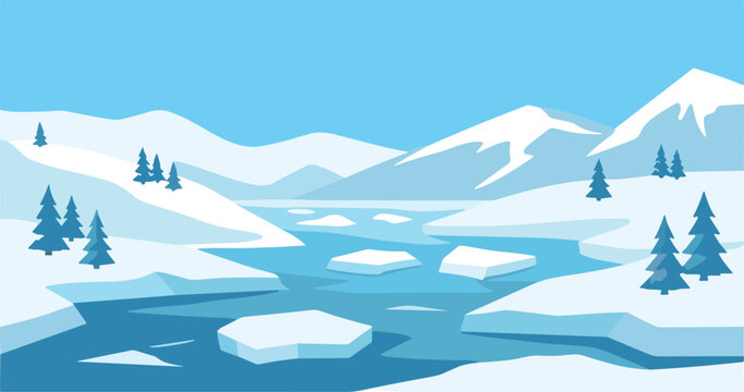 Vector illustration of glaciers, icebergs, and snowy mountains 
