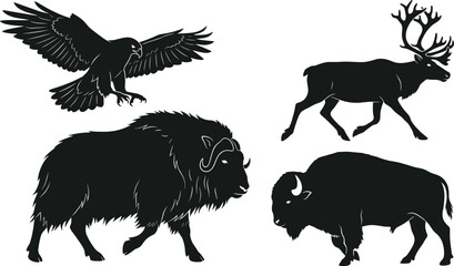 Obraz premium Wild Animals and Birds Silhouette Vector Set Featuring Flying Eagle Caribou Muskox and American Bison for Hunting Camping and Nature Graphic Designs