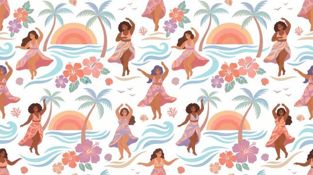 Women dance happily on a tropical beach with palm trees and waves at sunset