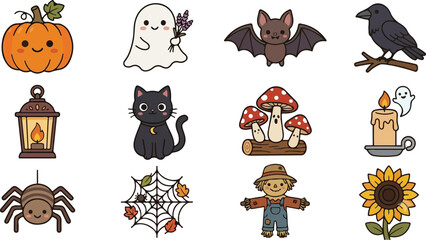 Fototapeta premium Cute Kawaii Halloween Elements Set with Pumpkins Ghosts and Fall Icons