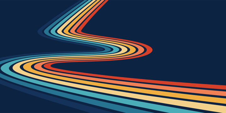 A retro vector background in the 70s style with rainbow wavy lines receding into perspective. Vintage psychedelic wallpaper in hippie style. An abstract pattern for posters, wrapping and wall hangings