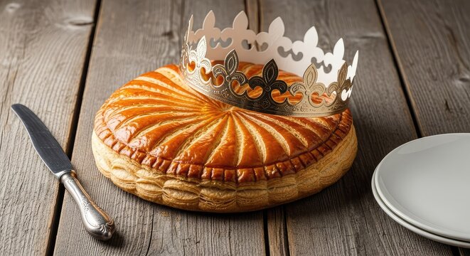 Golden puff pastry kings cake topped with a shimmering paper crown sits on a rustic wooden table beside a vintage knife and white plate, serving, homemade, frangipane