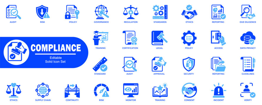 Compliance solid icon set. Editable strokes, including symbols for audit, risk, and policy. Vector Illustration.