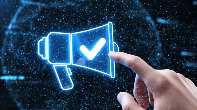 Hand touching glowing megaphone icon with checkmark for verified marketing announcements.