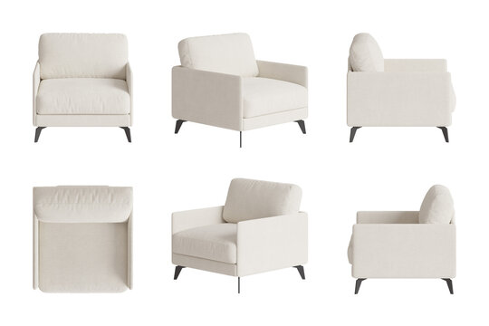 Set of six views of an elegant ivory armchair and four black legs isolated on a white background. Front view, top view, two sides, and two perspectives. 3d render