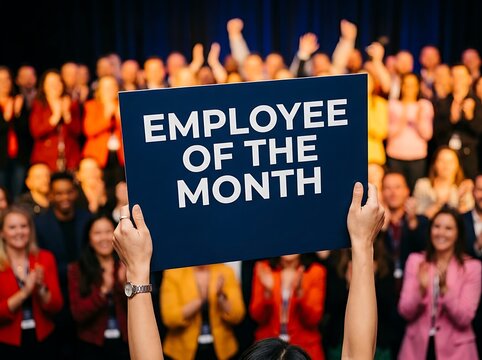Happy diverse group of people celebrating employee of the month with applause and recognition sign