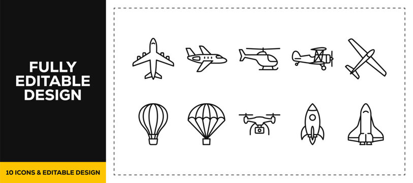 flat vector illustration line art icon bundle set design displaying aviation industry drones commercial airplanes helicopters and flight transportation graphics for UI