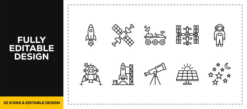 flat vector illustration line art icon bundle set design highlighting space exploration astronomy astronauts lunar rovers and planetary discovery graphics for web UI apps