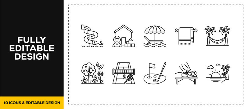 flat vector illustration line art icon bundle set design showcasing summer water parks swimming pools water slides and aquatic recreation leisure graphics for digital UI