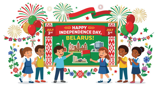 Group of diverse students celebrating belarusian independence day