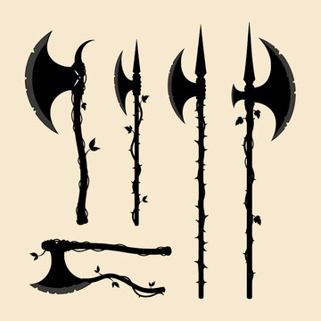 Set of Fantasy Battle Axes and Polearms Featuring a Hatchet Vector Illustration Design