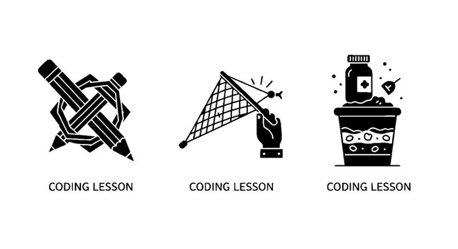 Three black icons representing coding lessons and programming concepts.
